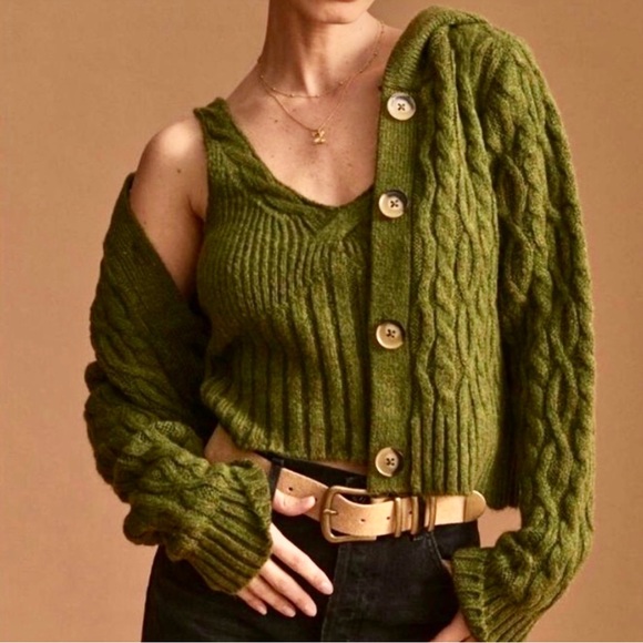 NWT New $148 Anthropologie Hooded Green Cable Knit Cardigan Tank Sweater Set M - Picture 1 of 16